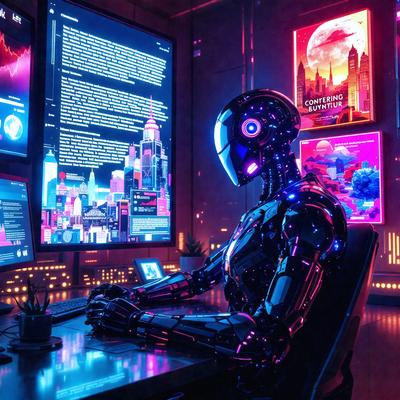The primary subject of the image is a futuristic robot sitting at a desk in front of a computer. The robot is wearing a helmet and appears to be working on the computer. The setting is a room with multiple computer monitors and a potted plant. The visual style is a combination of digital art and illustration, creating a futuristic and technological atmosphere. The colors and mood of the image are predominantly blue and purple, giving it a cool and futuristic vibe.